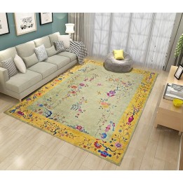 Tapis chinoiserie vintage motif traditionnel - Petites fleurs et oiseaux sur fond vert d'olive, bordure jaune doré