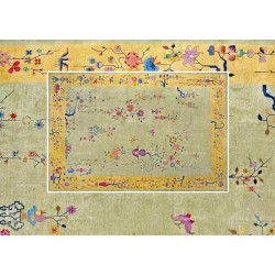 Tapis chinoiserie vintage motif traditionnel - Petites fleurs et oiseaux sur fond vert d'olive, bordure jaune doré