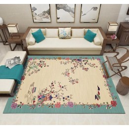 Tapis chinois traditionnel - Jardin zen et les fleurs, fond beige bordure vert gris