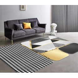 Tapis doré contemporain - Pied-de-poule et dessin géométrie en noir, blanc et gris