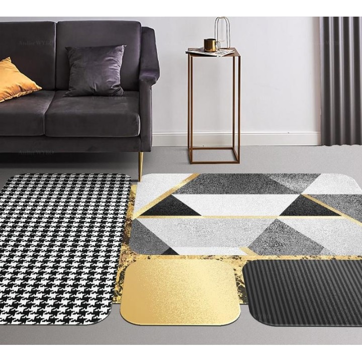 Tapis doré contemporain - Pied-de-poule et dessin géométrie en noir, blanc et gris
