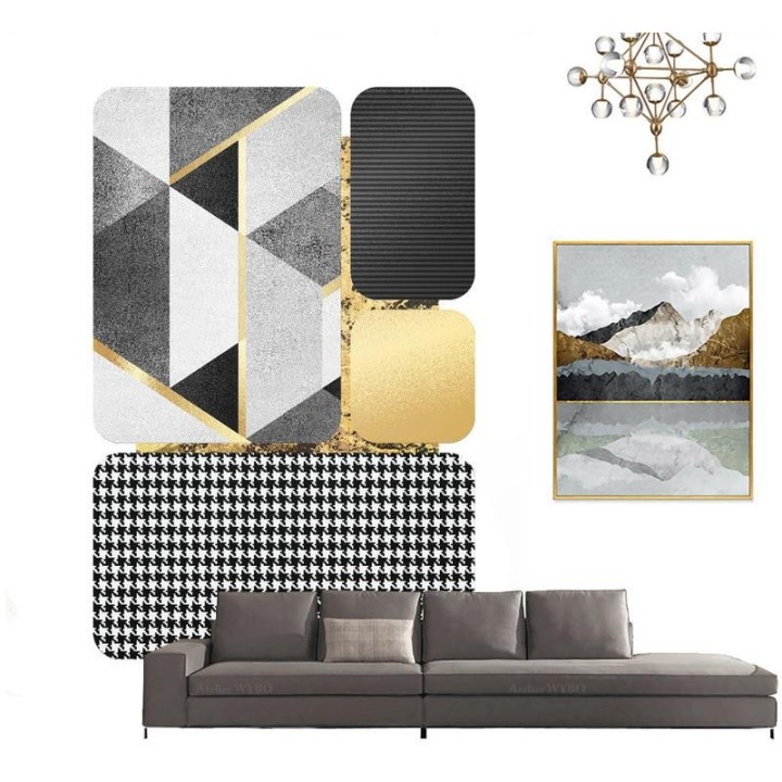 Tapis doré contemporain - Pied-de-poule et dessin géométrie en noir, blanc et gris