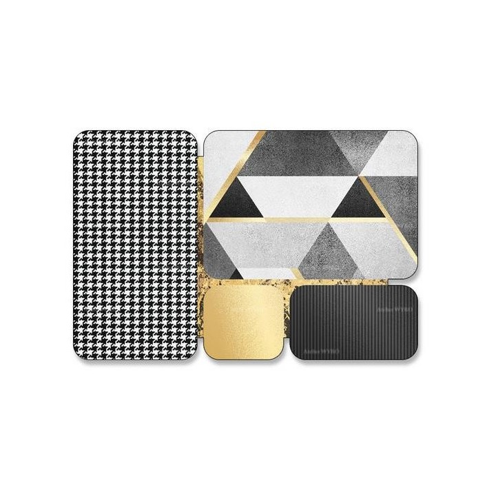 Tapis doré contemporain - Pied-de-poule et dessin géométrie en noir, blanc et gris