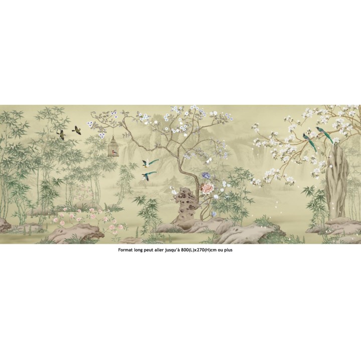 Tapisserie Murale Sépia Jardin Zen Fleur Oiseau Arbre Bambou