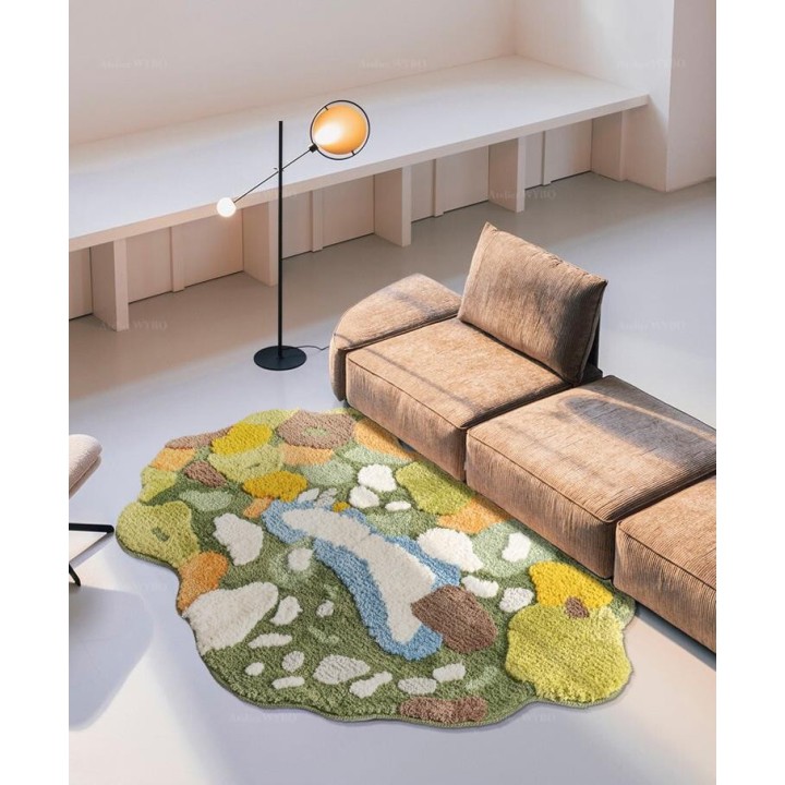 Tapis salon couleur d'automne, herbe vert-jaune orange, lichen blanc.