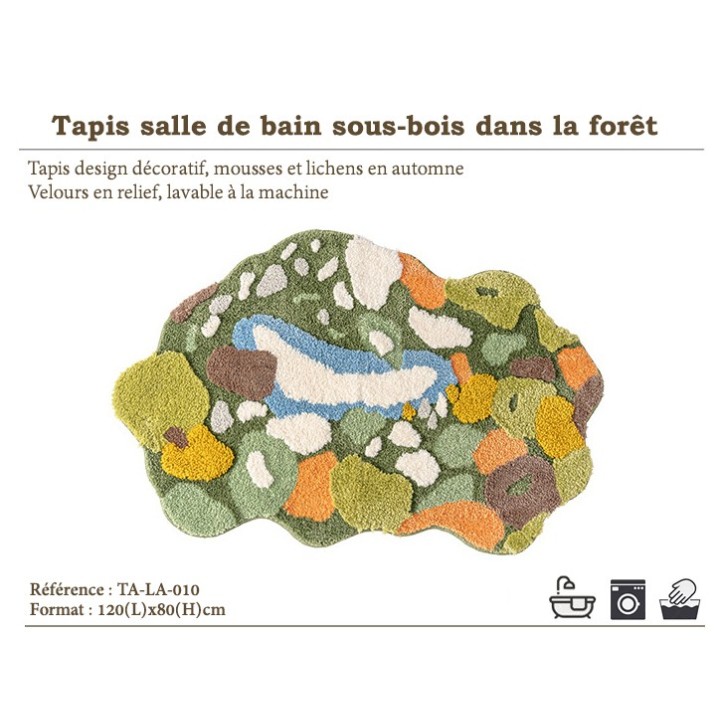 Tapis design moderne paysage nature, la bleu entouré de pelouse, mousse et lichen.
