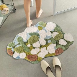 Tapis salle de bain velours épais en relief, motif herbes, mousses et lichens.