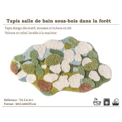 Tendance déco salle de bain tapis moderne velours épais en relief, herbe verte mousse bleue lichen blanc.