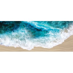 Revêtement sol événementiel en vinyle auto-adhésif, motif vagues d'océan couleur bleu, blanc et beige.