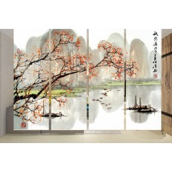 Rideau de séparation décoratif, panneau japonais translucide paysage zen, montagne et rivière en automne, arbre orange.