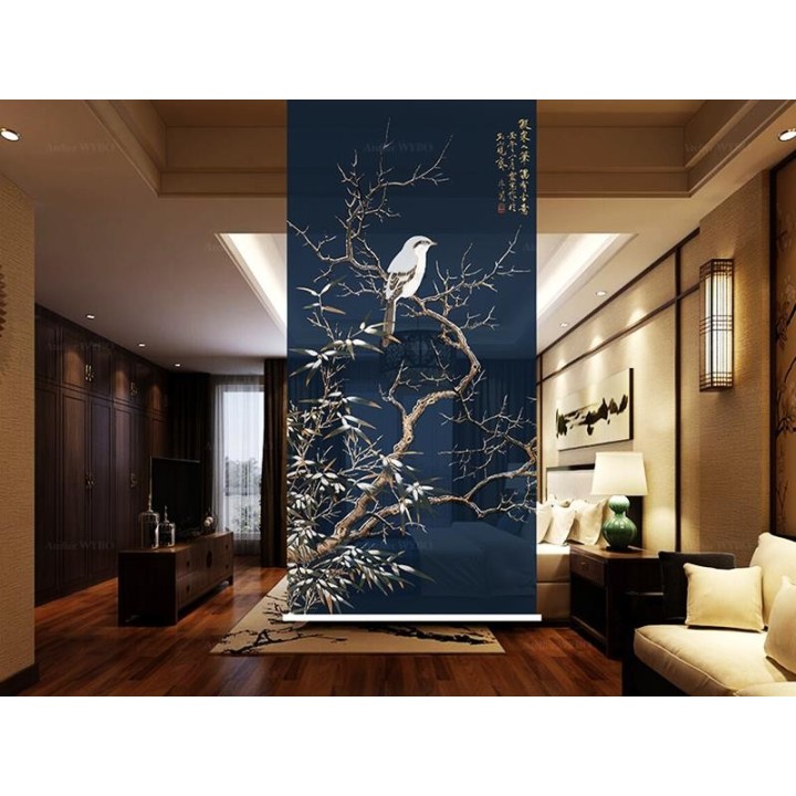 Rideau de séparation toile japonaise automatique paysage zen fleur oiseau