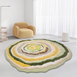 Tapis salon couleur chaude, cercles multi-colores forme ronde ondulée
