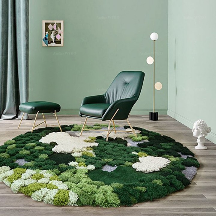 Tapis vert velour épais en relief 3D forme ronde - La mousse et les lichens