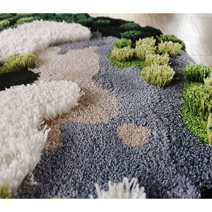 Tapis vert velour épais en relief 3D forme ronde - La mousse et les lichens