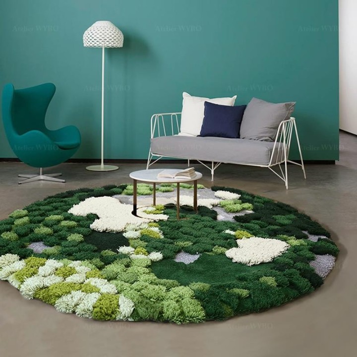 Tapis vert velour épais en relief 3D forme ronde - La mousse et les lichens