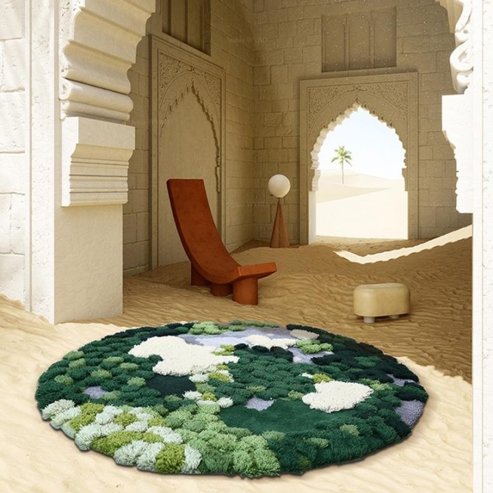 Tapis vert velour épais en relief 3D forme ronde - La mousse et les lichens