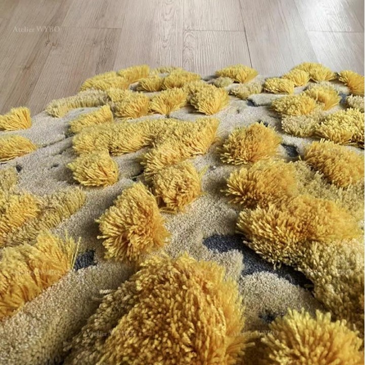 Tapis jaune velour épais en relief 3D forme irrégulière - Herbes et lichens en automne
