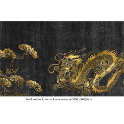 tapis japonais dragon doré, bonsaï et fleurs sur fond noir.