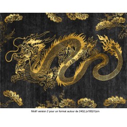 tapis doré asiatique animaux mythiques dragon, arbres et fleurs de cerisier sur fond noir.