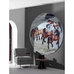 Tapis mural les chevaux dans la nature forme ronde, façonné soigneusement par les mains habiles des tapissiers expérimentés.