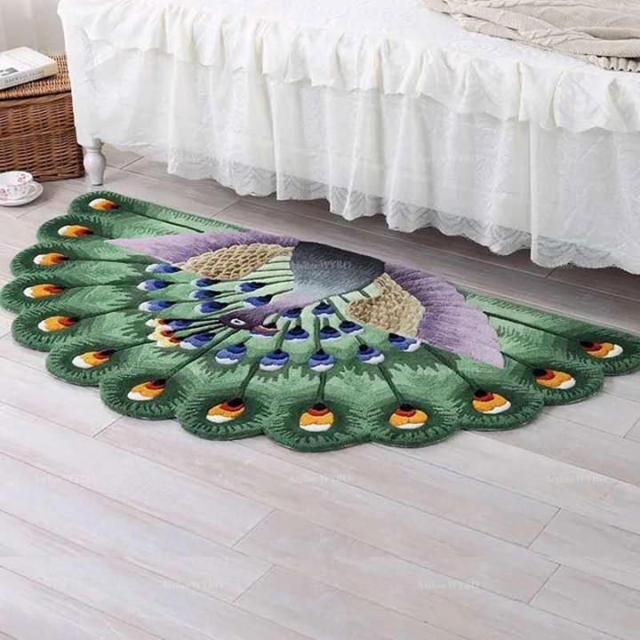 tapis en laine fait main pour chambre descente de lit, paon vert faisant sa roue.