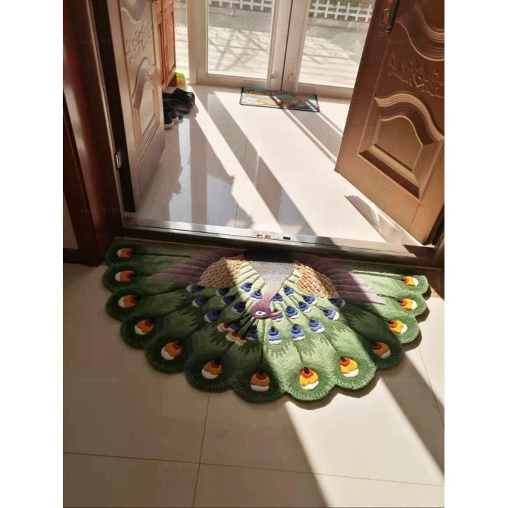 Tapis design en relief fait à la main, paon vert en forme demi-cercle pour la porte d'entrée.