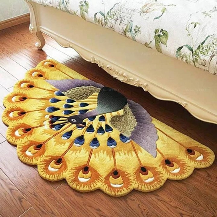 Déco Séjour Tapis Oiseau Tropical Paon Jaune Plume en Relief Fait Main