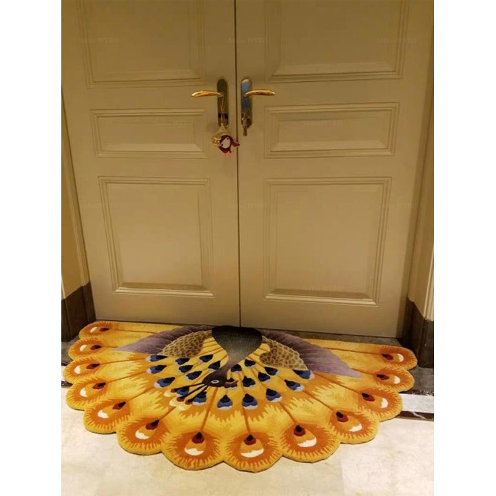 Déco Séjour Tapis Oiseau Tropical Paon Jaune Plume en Relief Fait Main