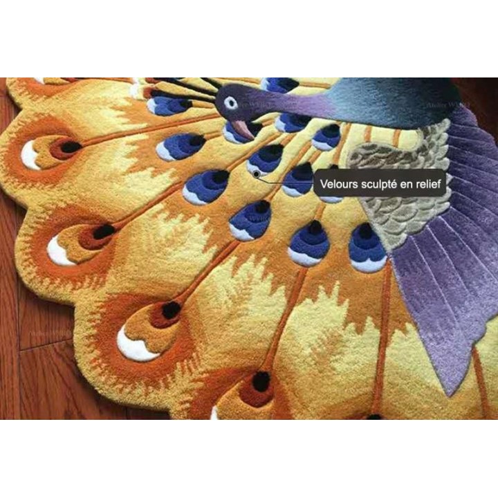Déco Séjour Tapis Oiseau Tropical Paon Jaune Plume en Relief Fait Main