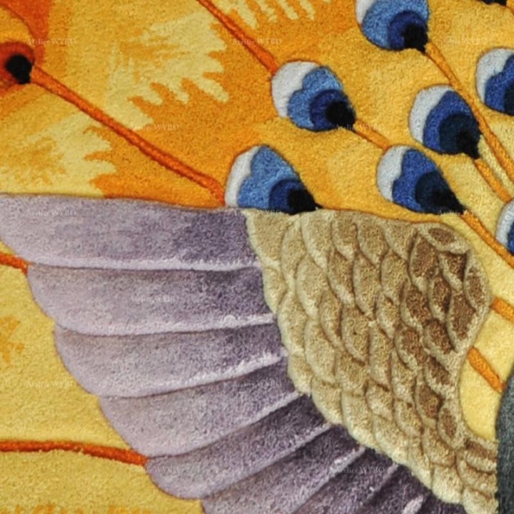 Déco Séjour Tapis Oiseau Tropical Paon Jaune Plume en Relief Fait Main