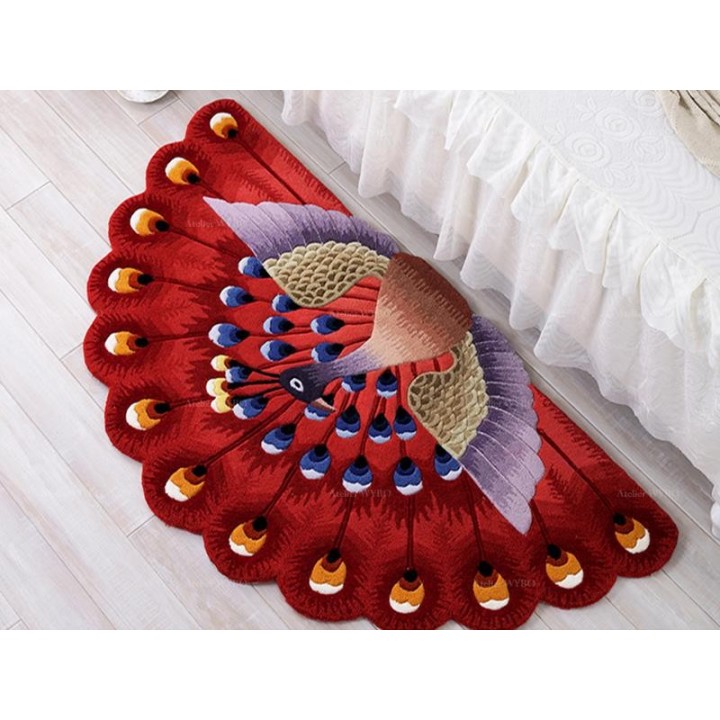 Tapis Rouge en Relief Séjour Chambre Oiseau Tropical Paon Fait Sa Roue