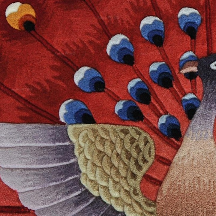 Tapis de designer audacieux en laine de Nouvelle-Zélande fait à la main, paon rouge velours sculpté en relief.