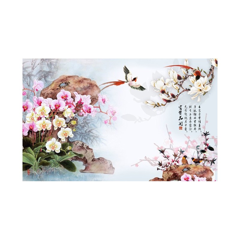 Papier peint tapisserie florale style asiatique - Les orchidées, les magnolias et les oiseaux