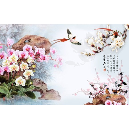 Papier peint tapisserie florale style asiatique - Les orchidées, les magnolias et les oiseaux