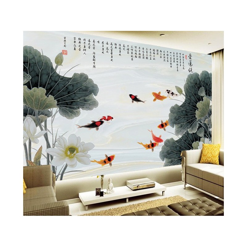 Papier peint chinois - Les lotus et les poissons, effet sur marbre