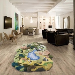 Tapis 3D paysage nature pelouse jaune-vert buisson marron lichen blanc