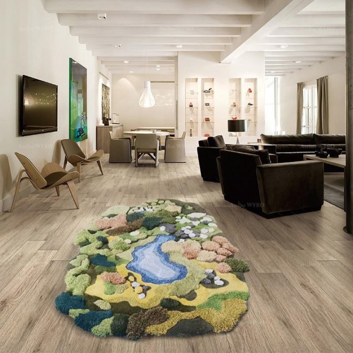 Tapis 3D paysage nature pelouse jaune-vert buisson marron lichen blanc
