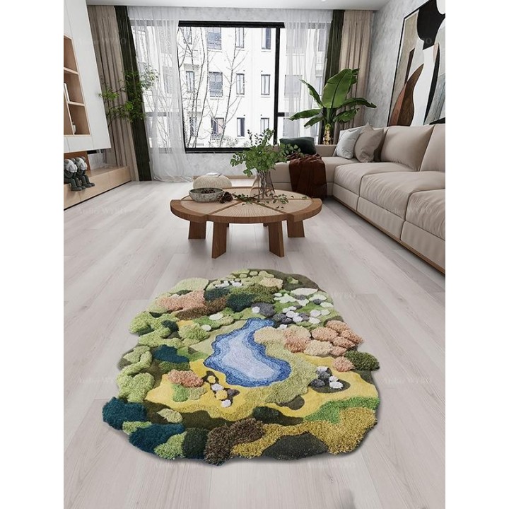 Tapis 3D paysage nature pelouse jaune-vert buisson marron lichen blanc