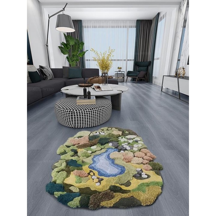 Tapis 3D paysage nature pelouse jaune-vert buisson marron lichen blanc