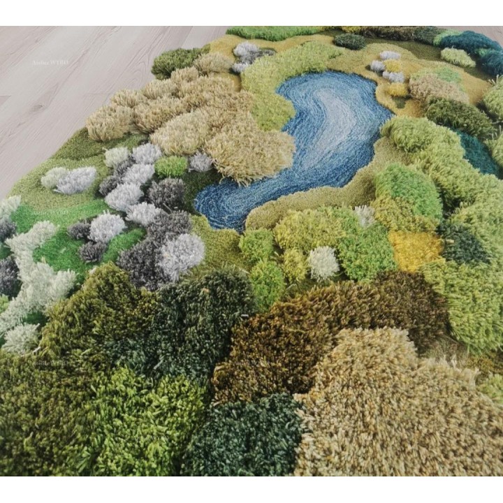 Tapis 3D paysage nature pelouse jaune-vert buisson marron lichen blanc