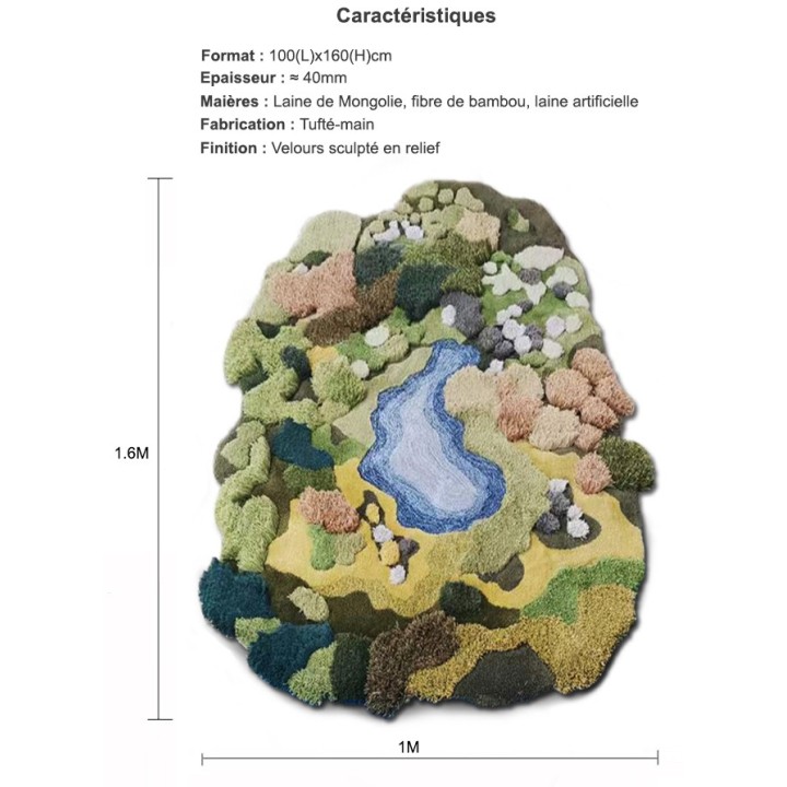 Tapis 3D paysage nature pelouse jaune-vert buisson marron lichen blanc
