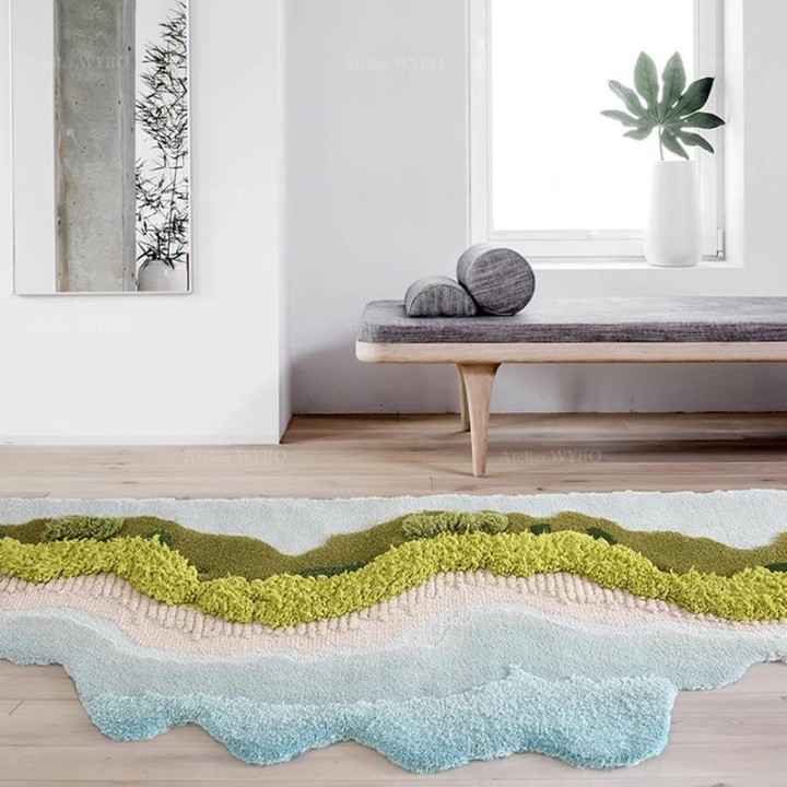 Tapis 3D velours en relief forme irrégulière plage tropicale - Mer, sable et végétation