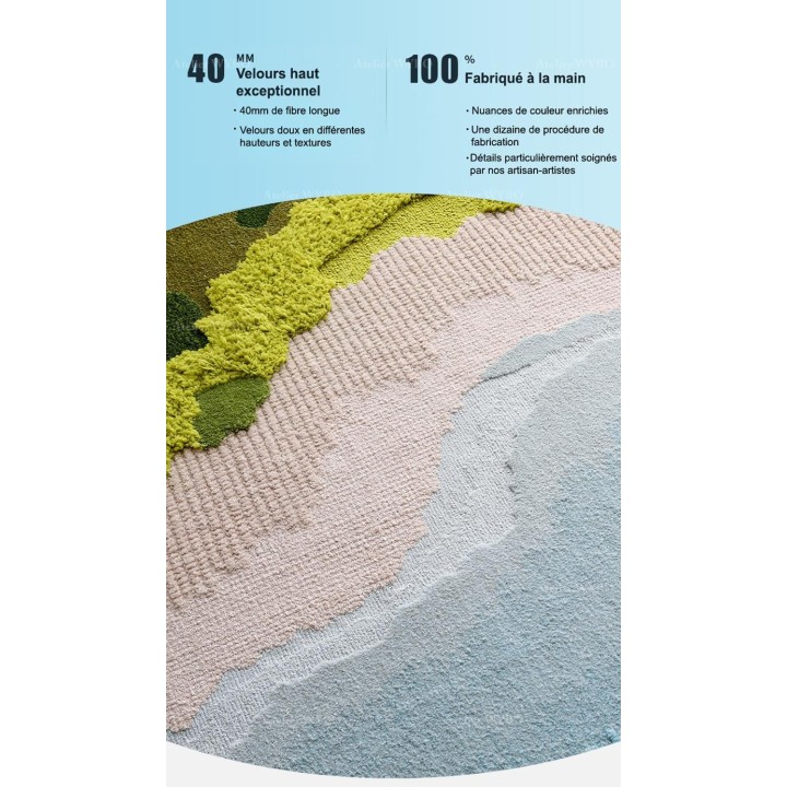 Tapis 3D velours en relief forme irrégulière plage tropicale - Mer, sable et végétation