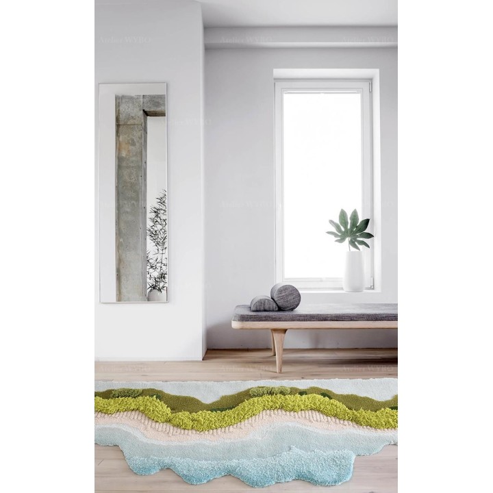 Tapis 3D velours en relief forme irrégulière plage tropicale - Mer, sable et végétation