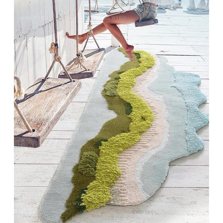 Tapis 3D velours en relief forme irrégulière plage tropicale - Mer, sable et végétation