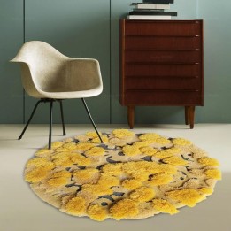 Tapis jaune velours épais en relief 3D forme ronde - Herbes et lichens en automne