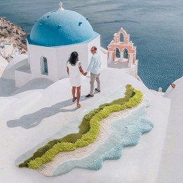 Tapis 3D velours en relief forme irrégulière plage tropicale - Mer, sable et végétation