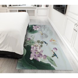 Tapis Chinois Floral Descente de Lit Paysage Zen Oiseau Bleu Lotus Violet