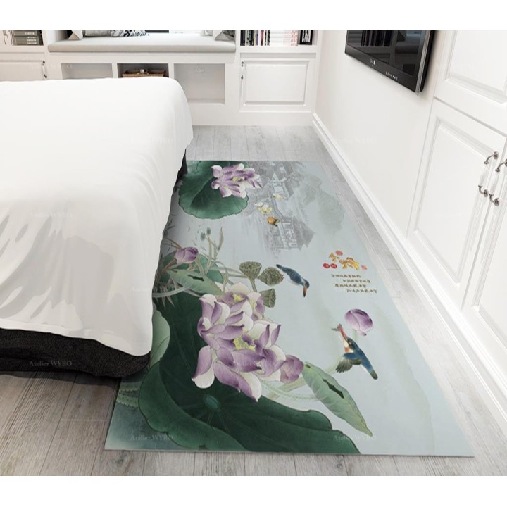 Tapis Chinois Floral Descente de Lit Paysage Zen Oiseau Bleu Lotus Violet