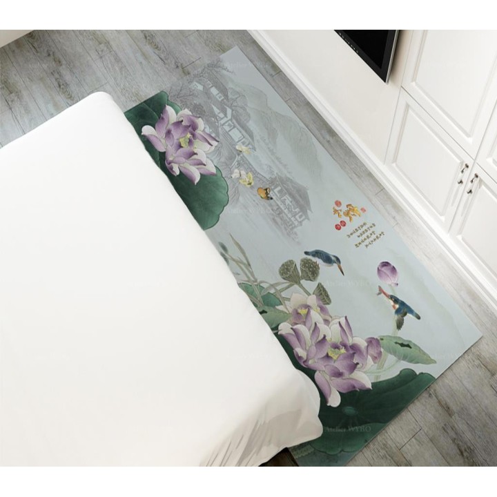 Tapis Chinois Floral Descente de Lit Paysage Zen Oiseau Bleu Lotus Violet